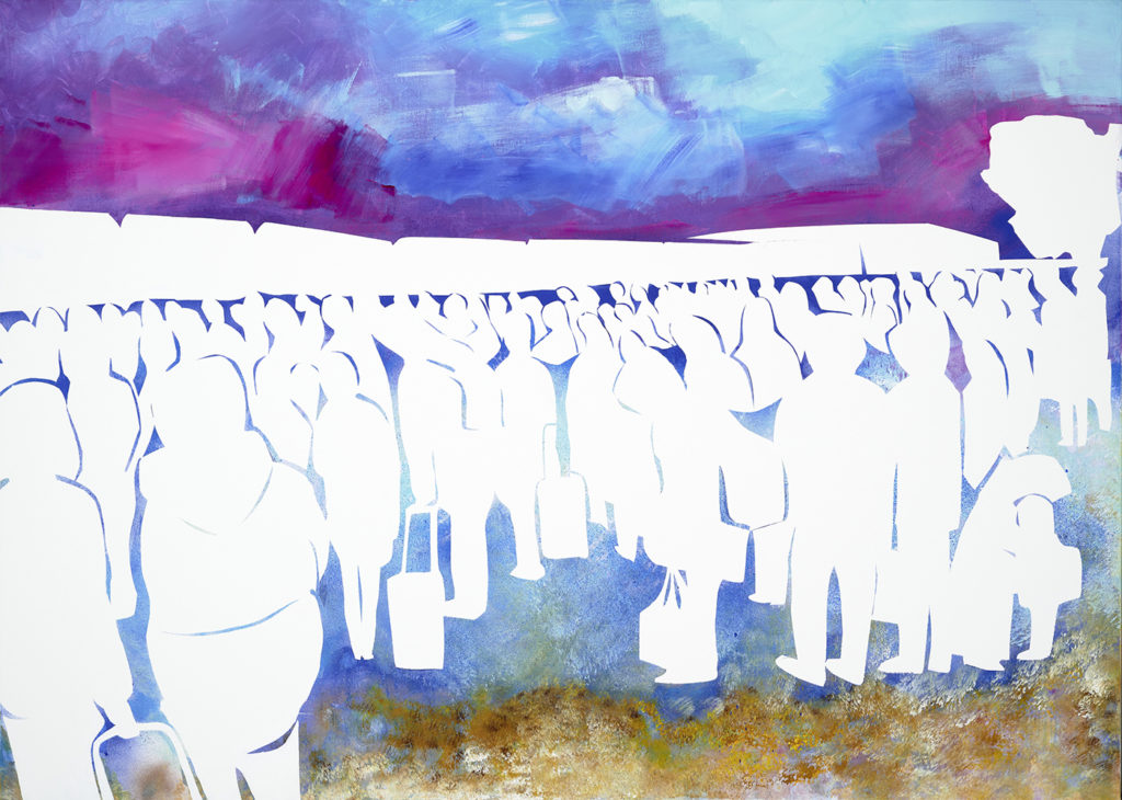 Daria Gabruk, »Ein Krieg, der die Menschen zwang, ihre Heimat zu verlassen«, Acryl auf Leinwand, 100x140 cm, 2020
